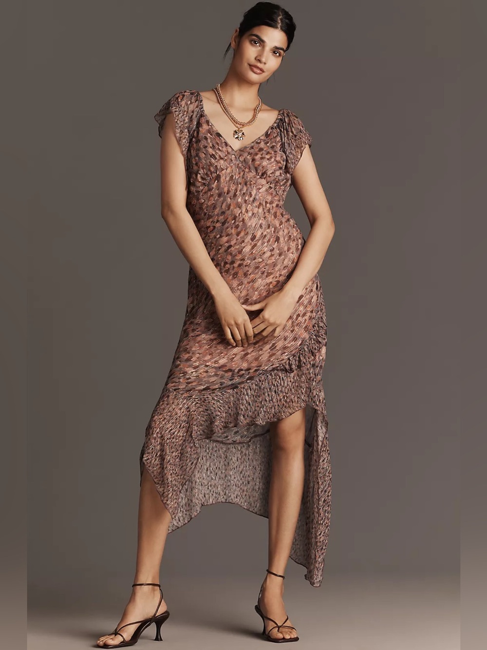 Bl^nk London Darcy Cap-Sleeve Asymmetric Slip Midi Dress-Neutrals-sz small- NWT